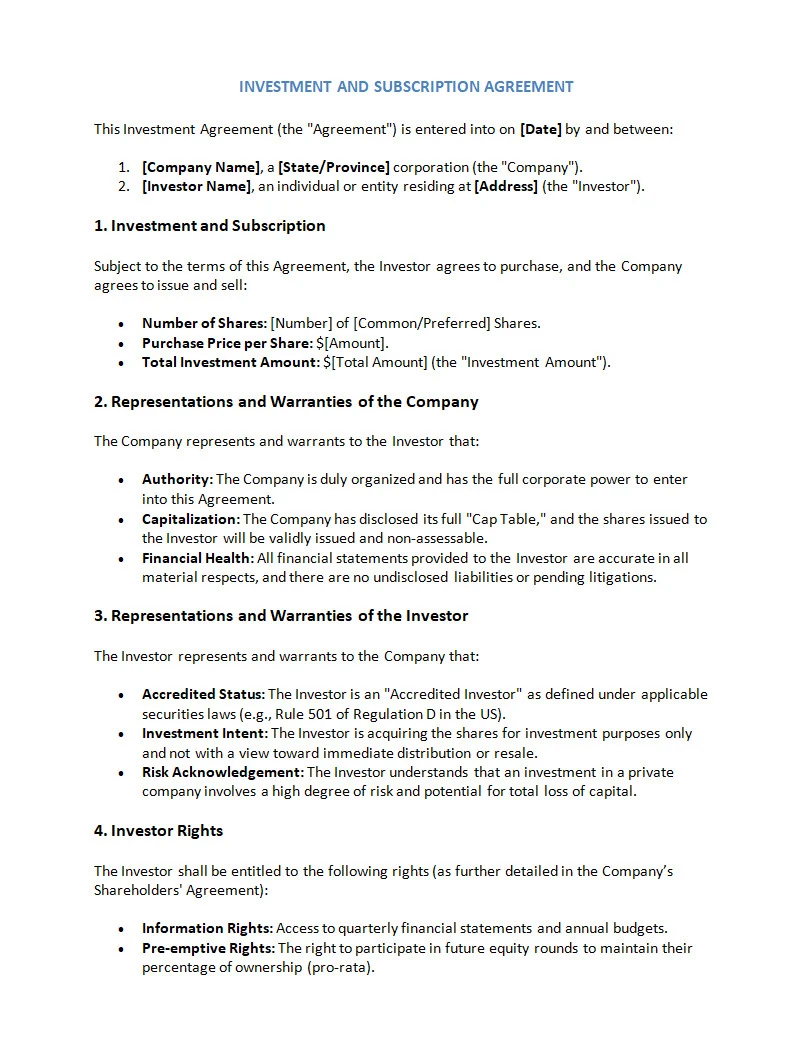 Investment Agreement Template
