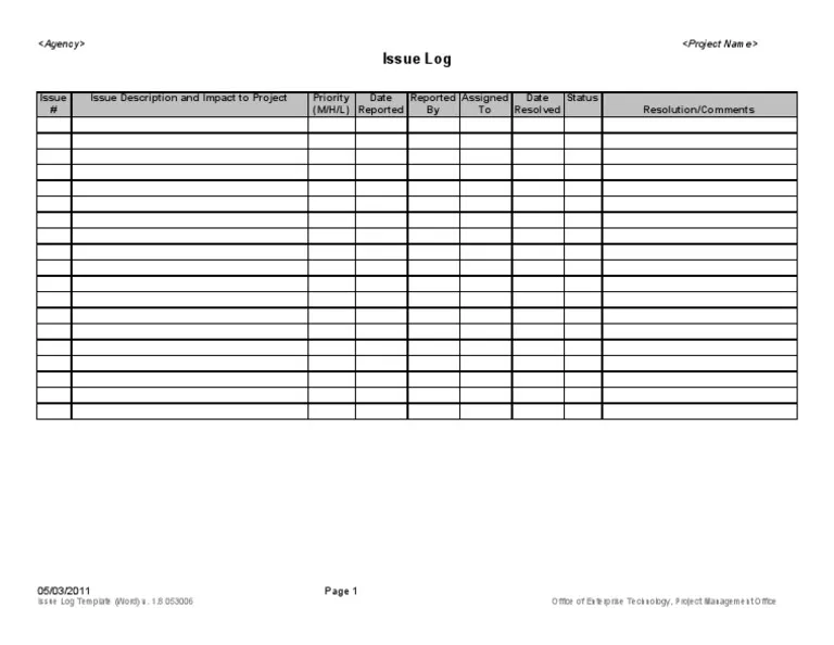Issue Log Template Sample Issue Log Template Sample