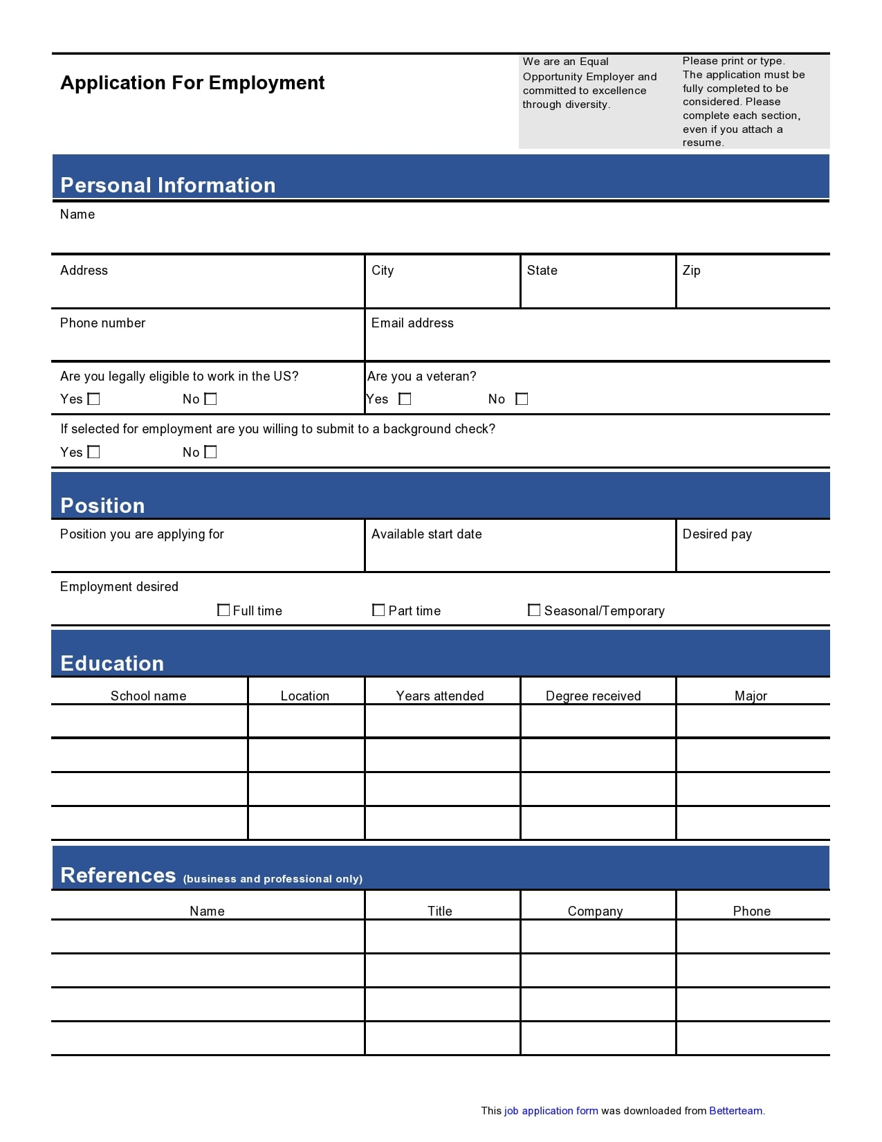 Job Employment Application Template