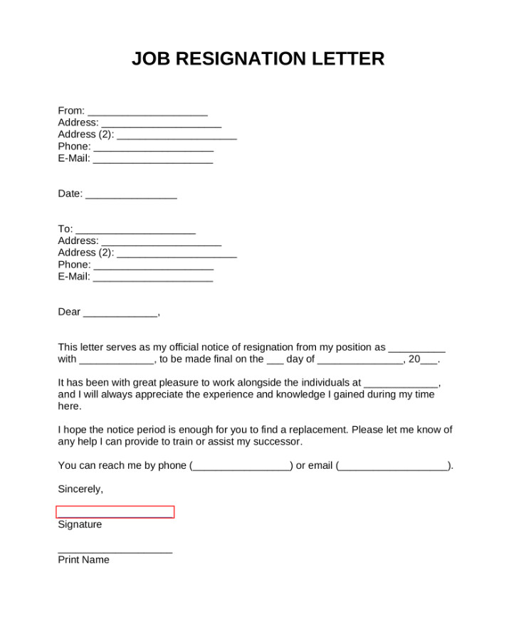 Job Resignation Letter Example Job Resignation Letter Example