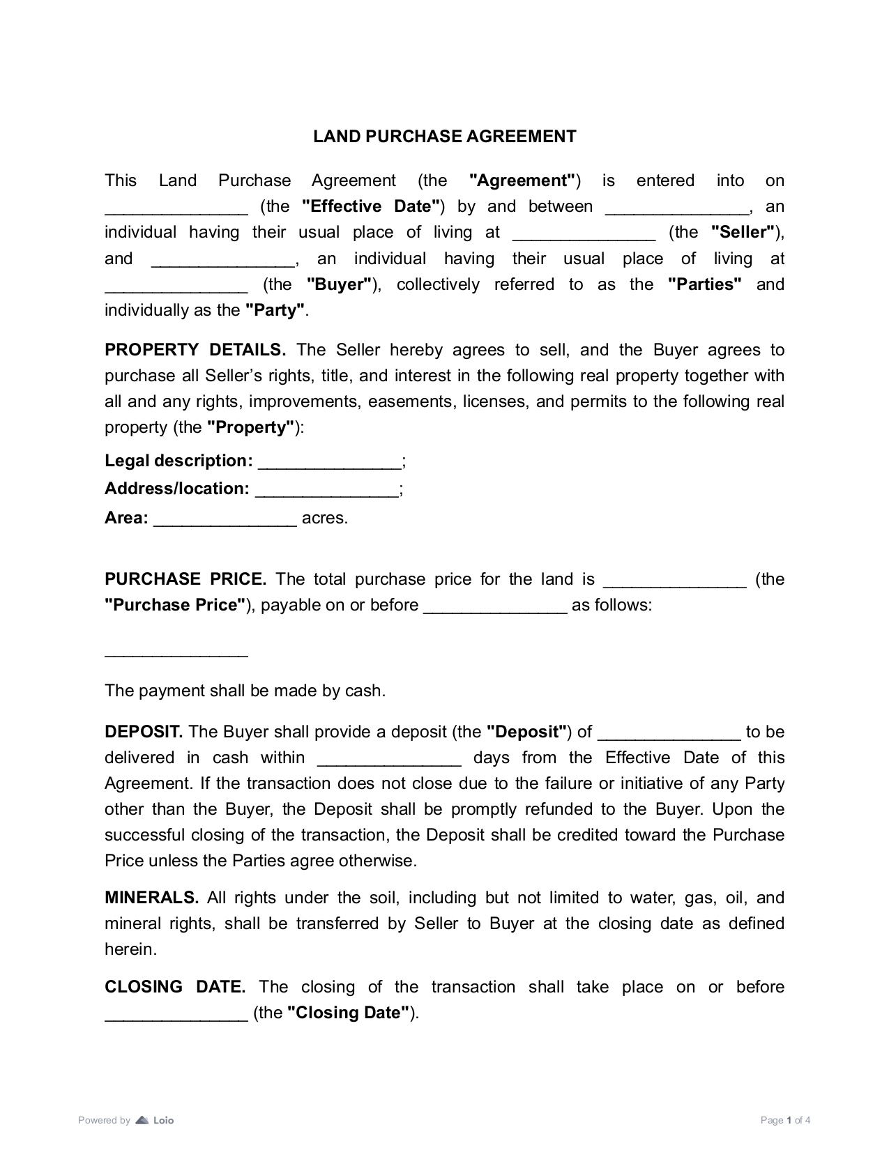 Land Purchase Agreement Template Example Land Purchase Agreement Template Example