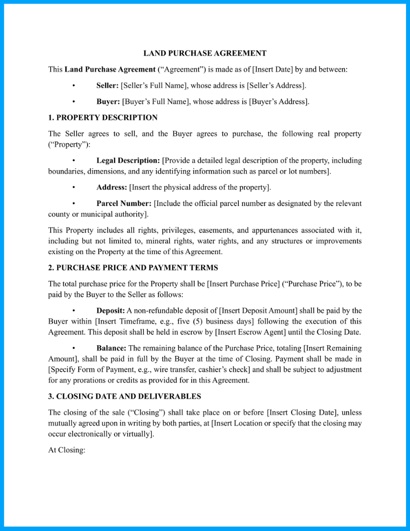 Land Purchase Agreement Template Land Purchase Agreement Template