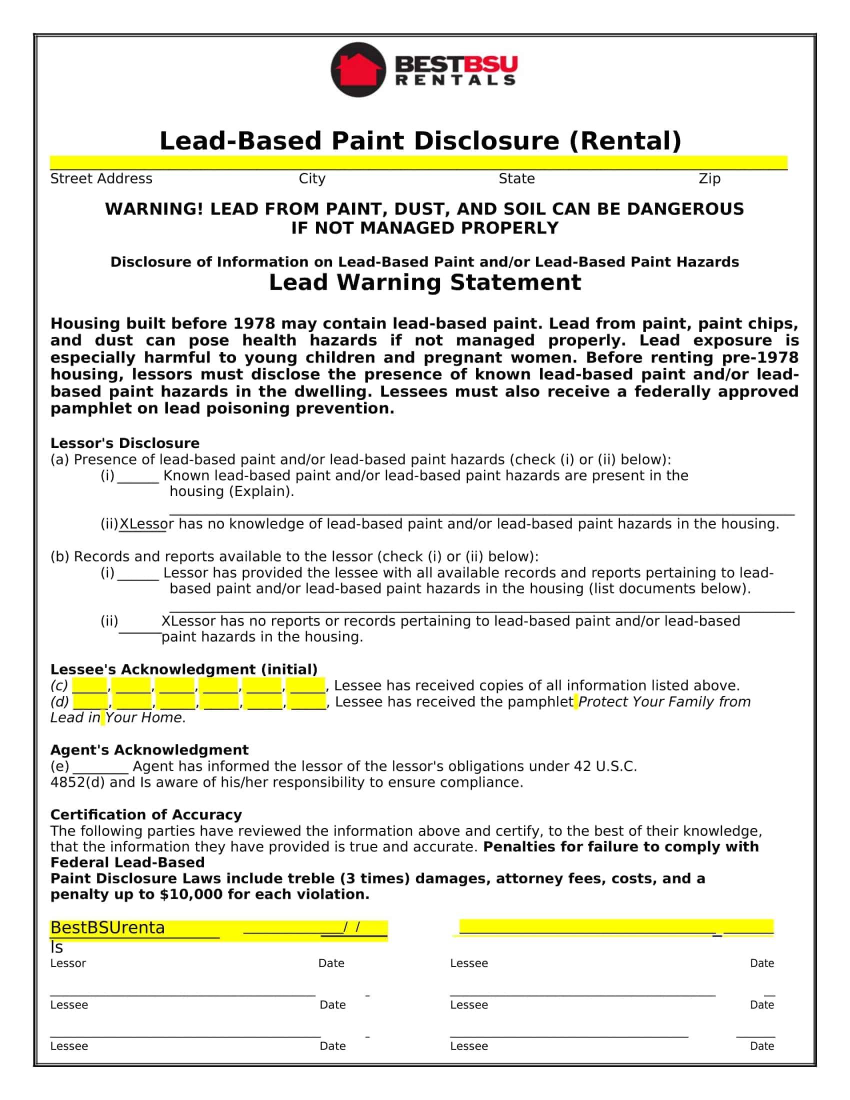 Lead-Based Paint Disclosure Form
