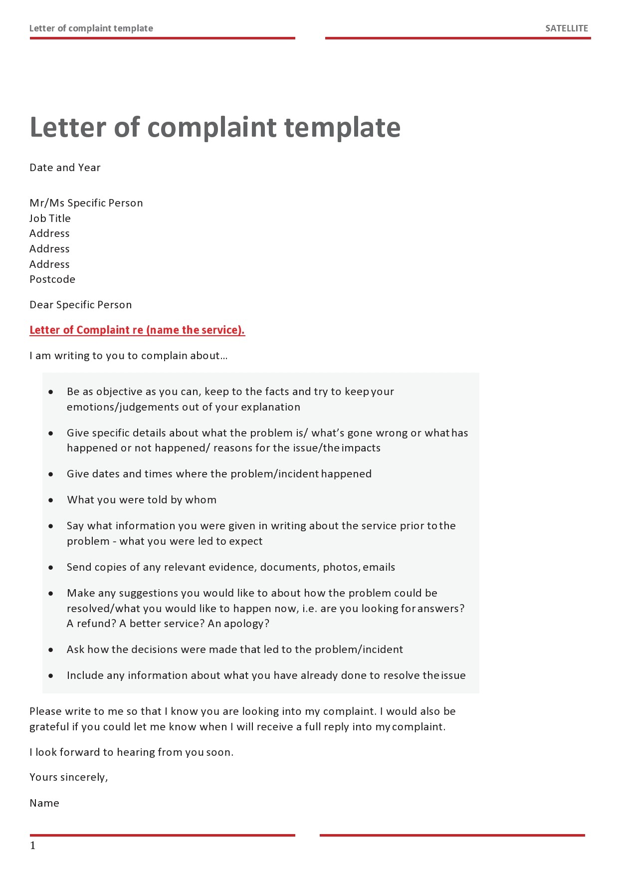 Letter of Complaint Template Letter of Complaint Template