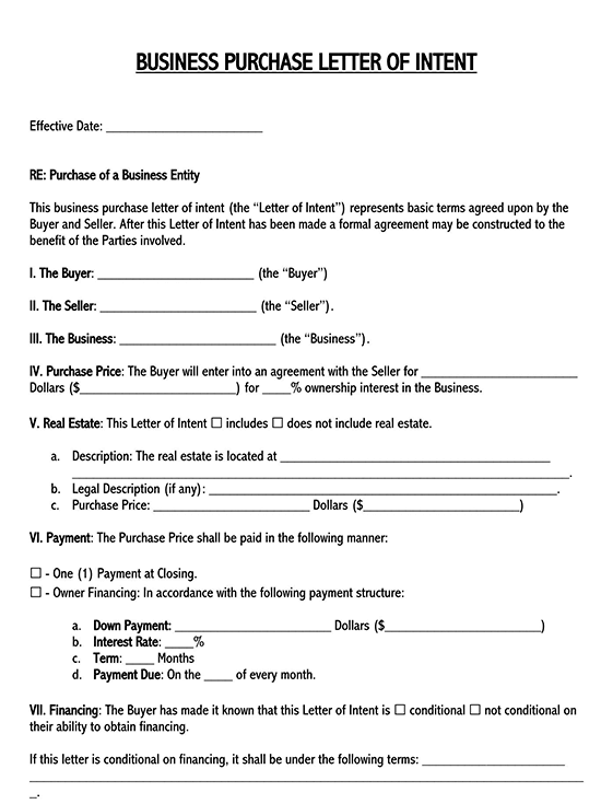 Letter of Intent to Purchase a Business