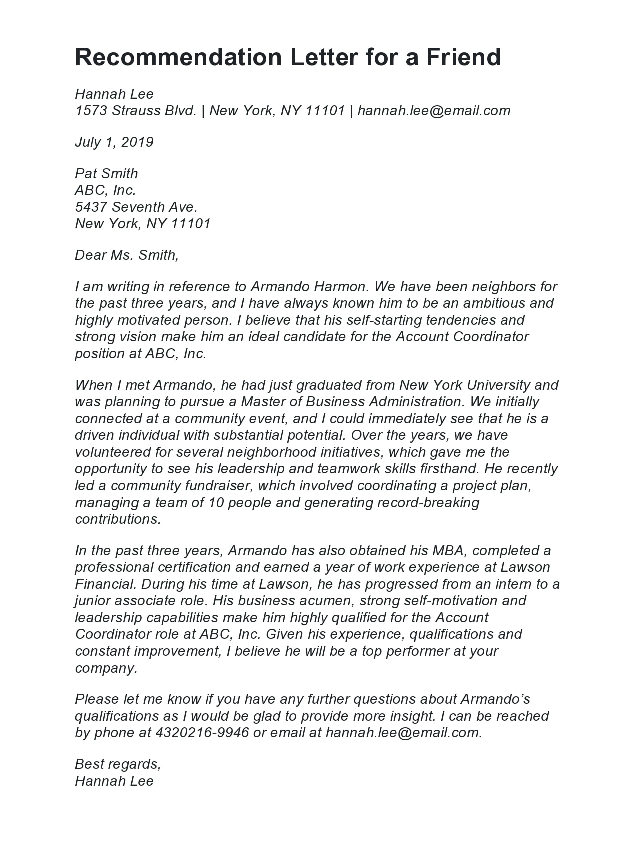 Letter of Recommendation for a Friend Template Sample Letter of Recommendation for a Friend Template Sample