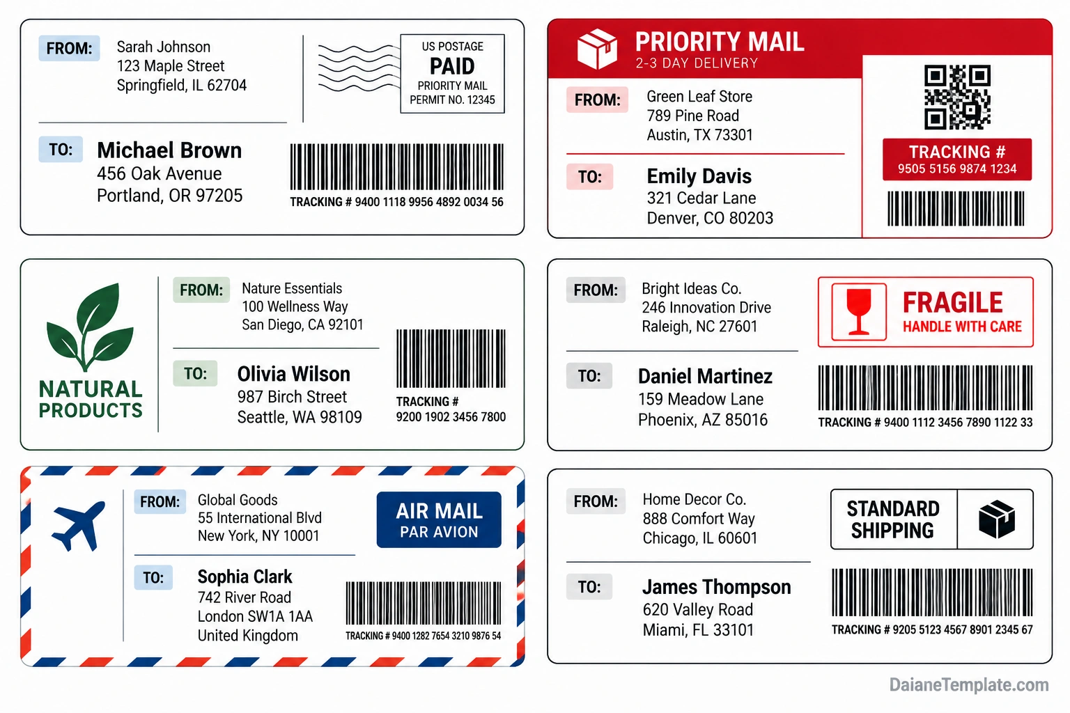Printable mailing label examples featuring sender and recipient addresses, tracking barcodes, priority mail, natural products, fragile handling, air mail, and standard shipping designs