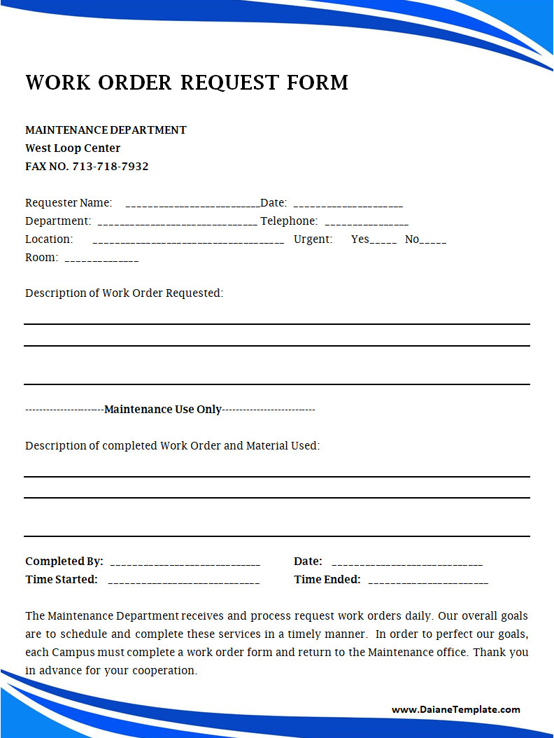 Maintenance Work Order Template Maintenance Work Order Template