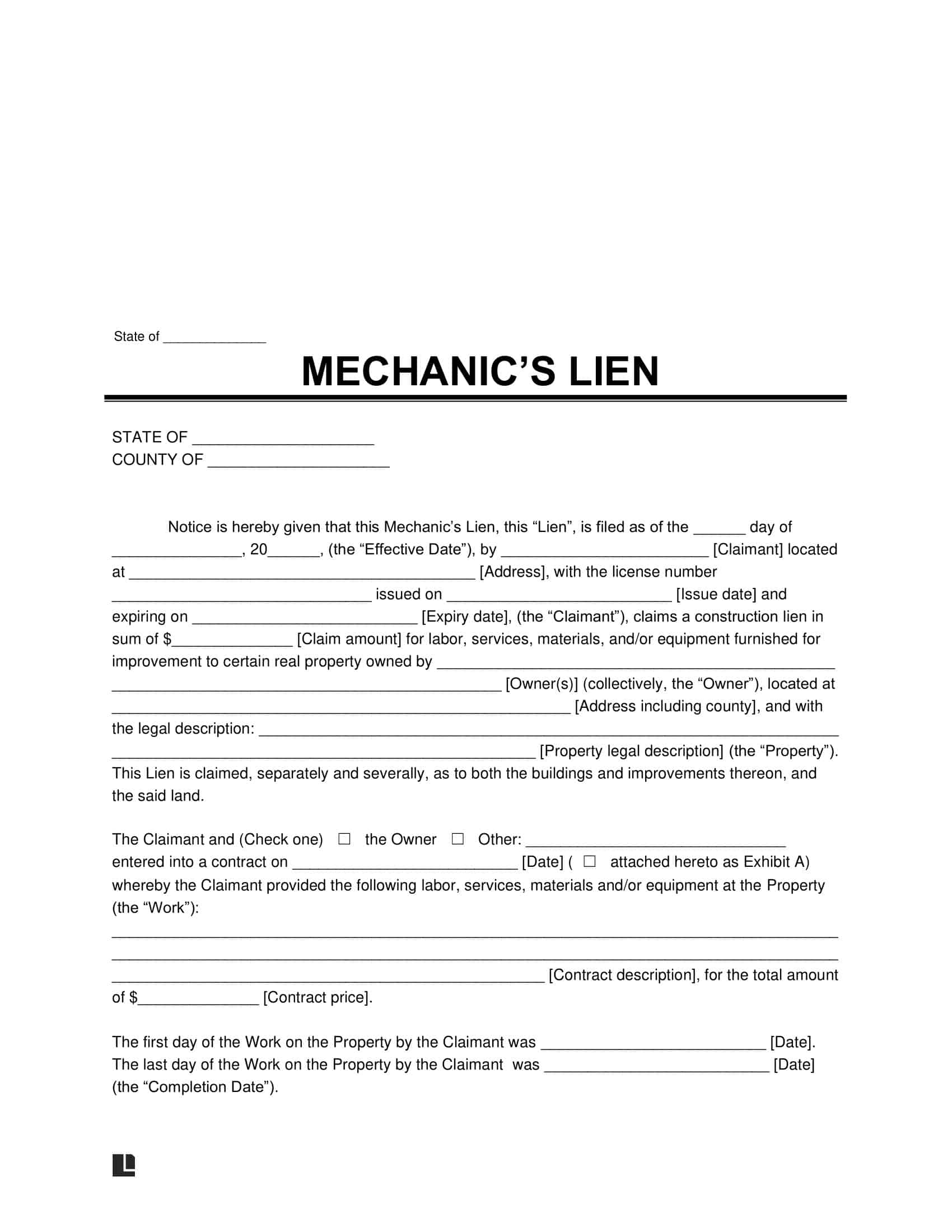 Mechanics Lien Form Mechanics Lien Form