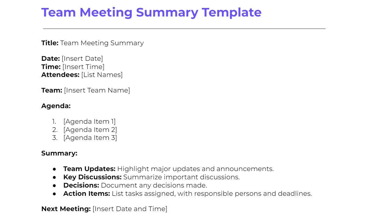 Meeting Summary Template Sample Meeting Summary Template Sample