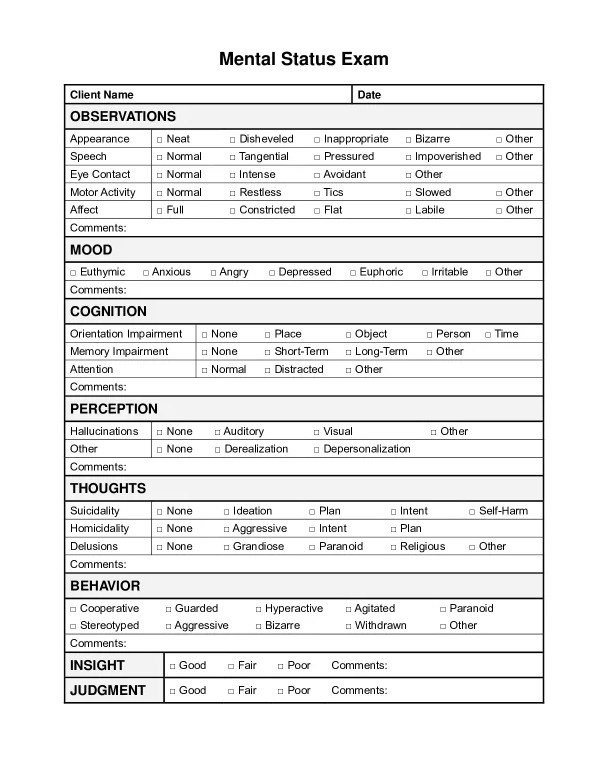 Mental Status Exam Form Mental Status Exam Form