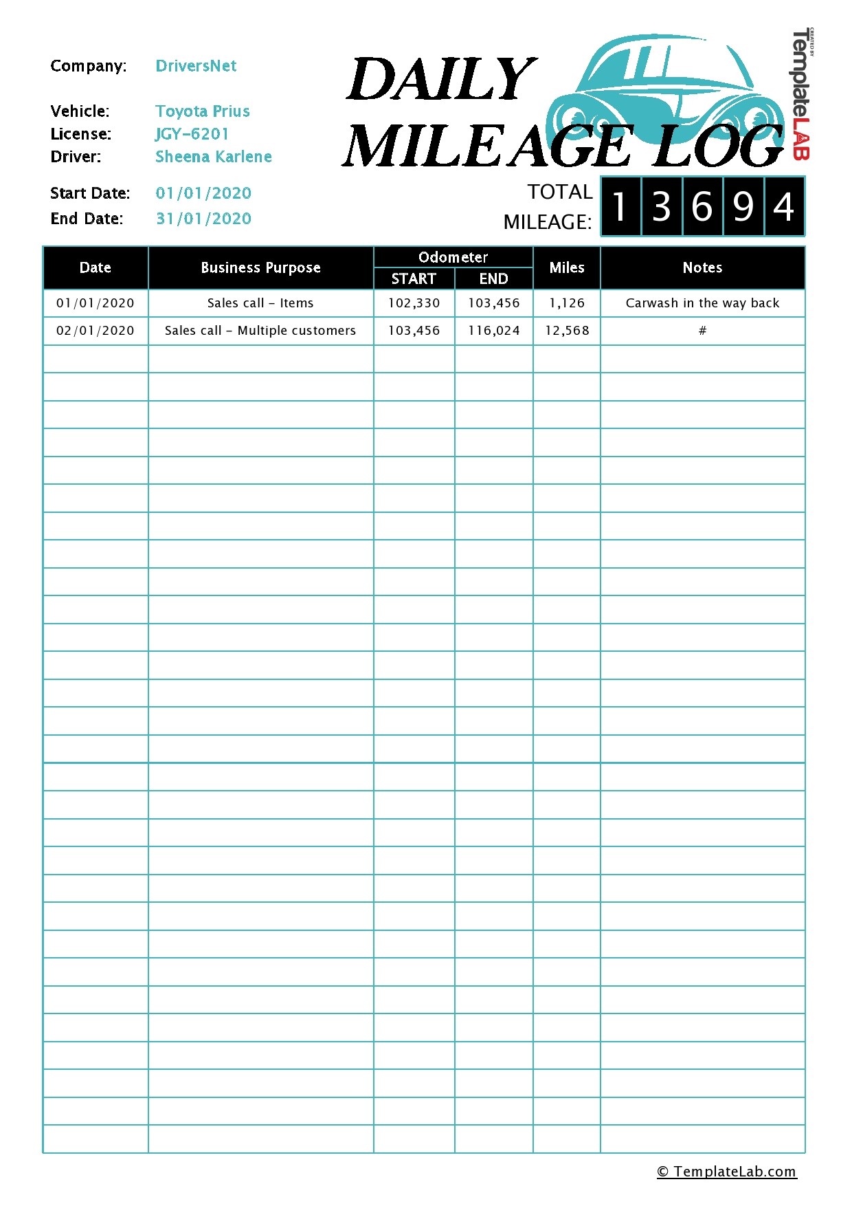 Mileage Log Template Sample Mileage Log Template Sample
