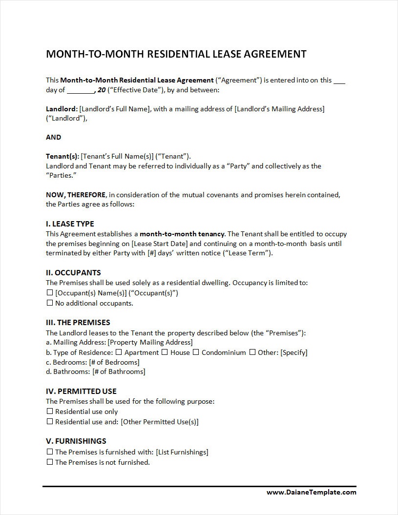 Month to month Lease Agreement Template