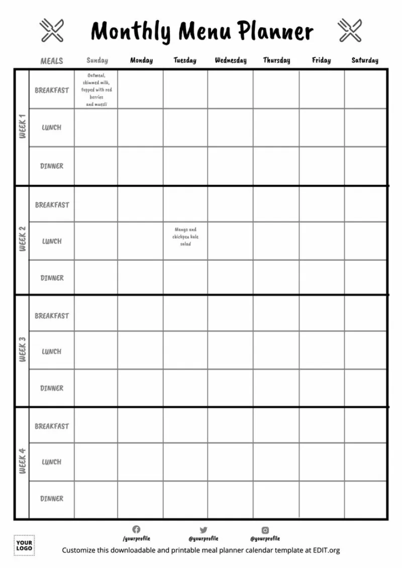 Monthly Meal Planner Template Sample Monthly Meal Planner Template Sample