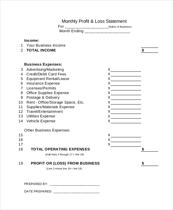 Monthly Profit And Loss Statement Template Monthly Profit And Loss Statement Template
