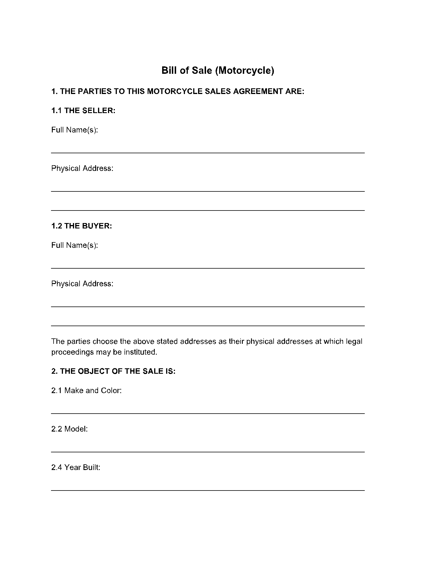 Motorcycle Bill of Sale Template Sample Motorcycle Bill of Sale Template Sample
