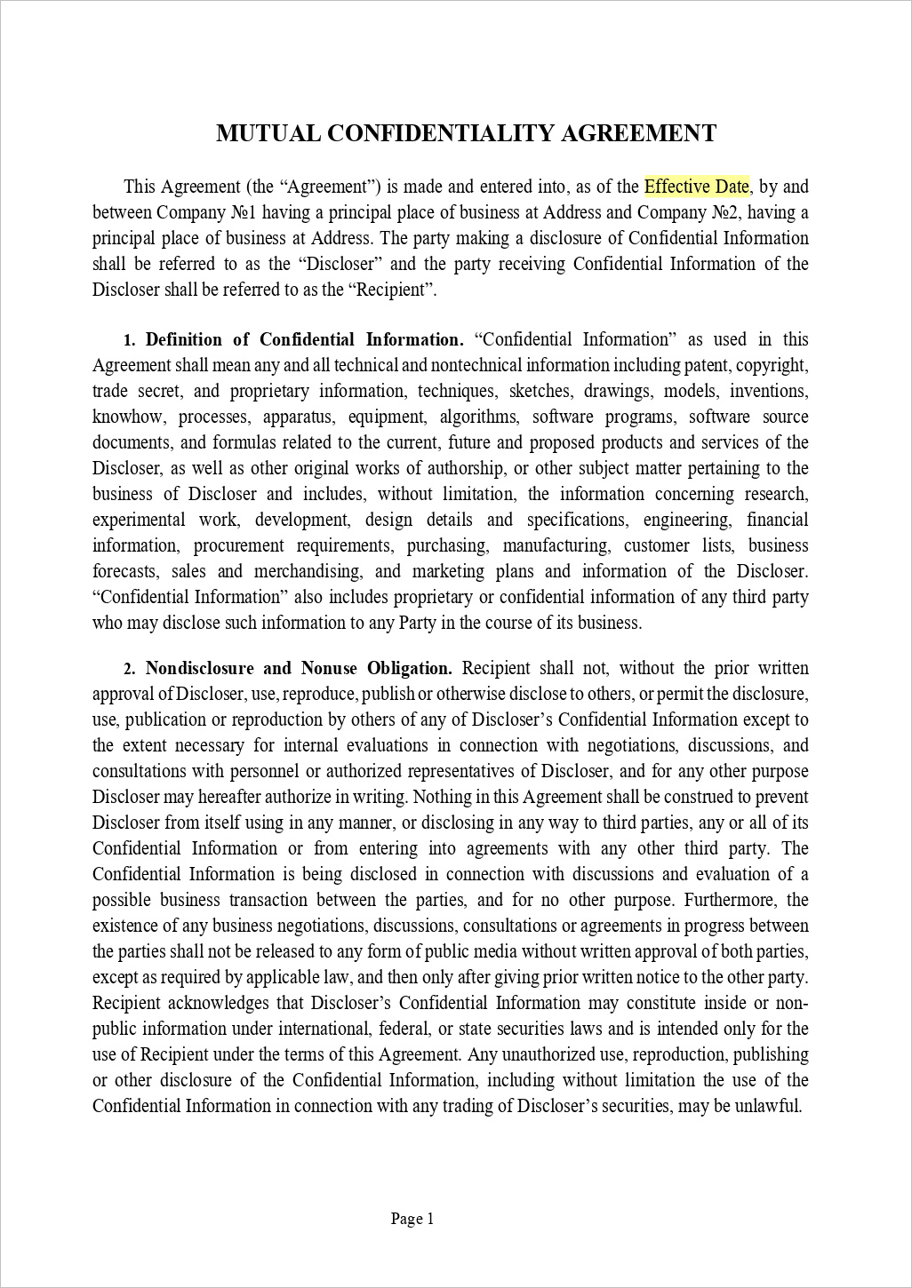 Mutual Confidentiality Agreement Template Example Mutual Confidentiality Agreement Template Example