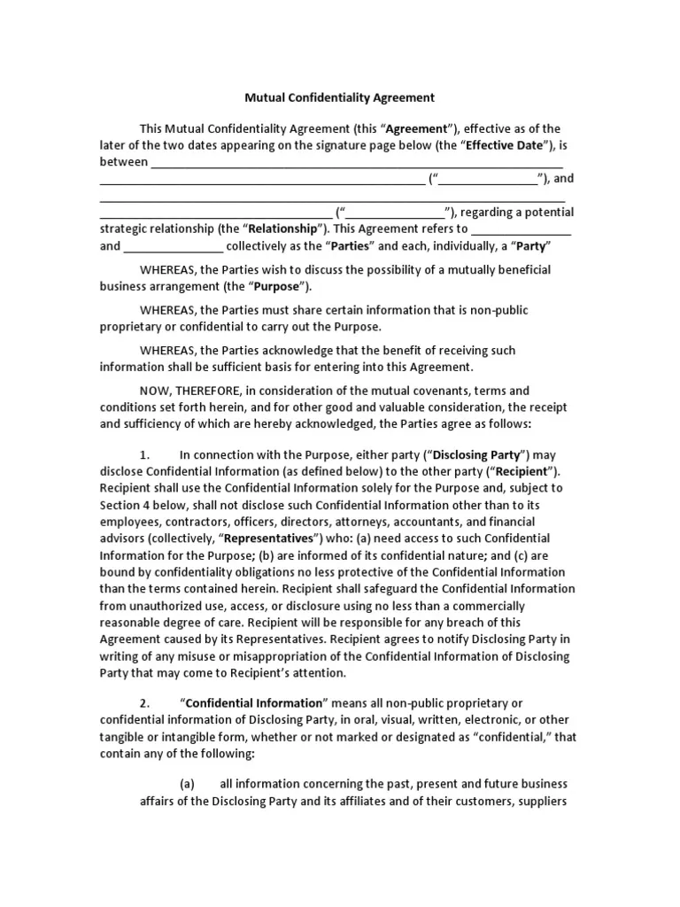 Mutual Confidentiality Agreement Template Sample Mutual Confidentiality Agreement Template Sample