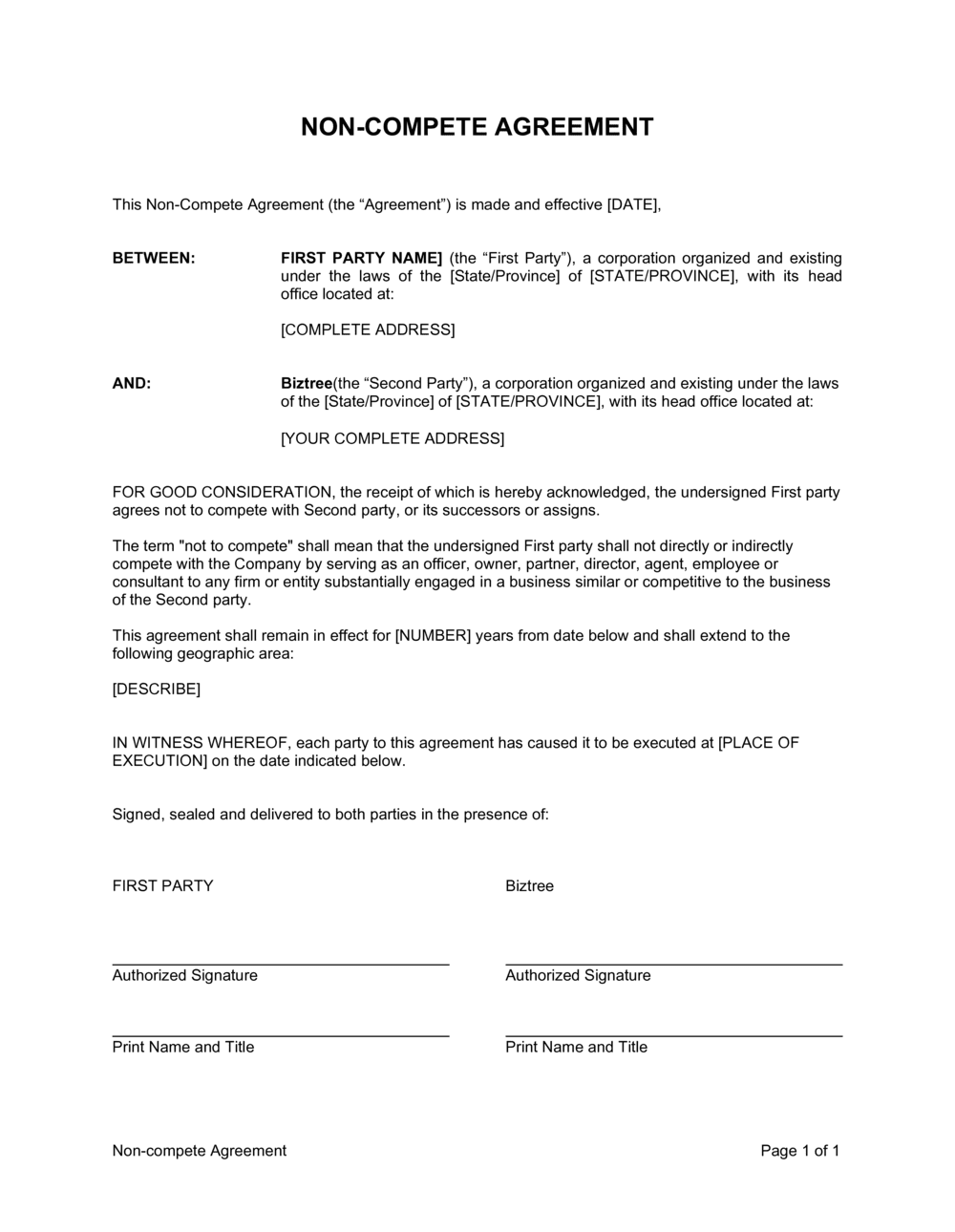 Non-Compete Agreement Example Non-Compete Agreement Example