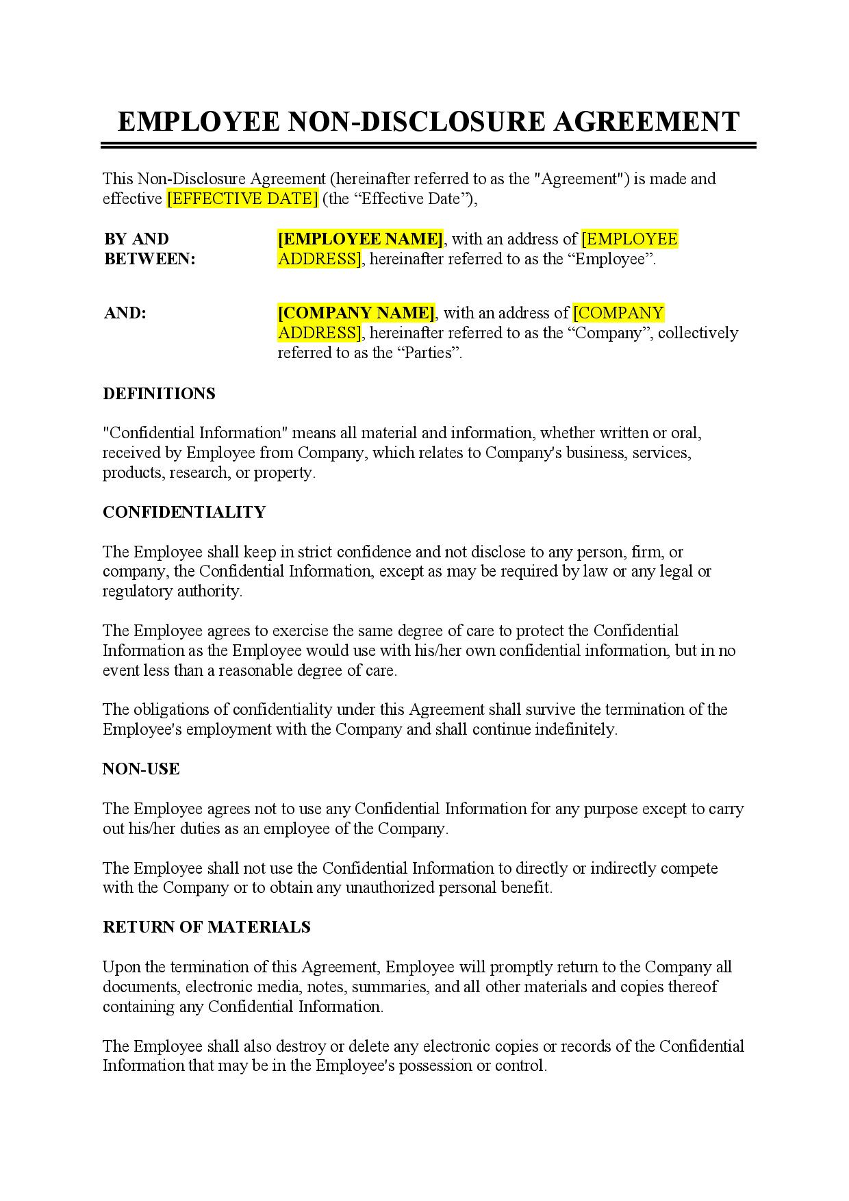 Non-disclosure Agreement Template for Employees Example Non-disclosure Agreement Template for Employees Example