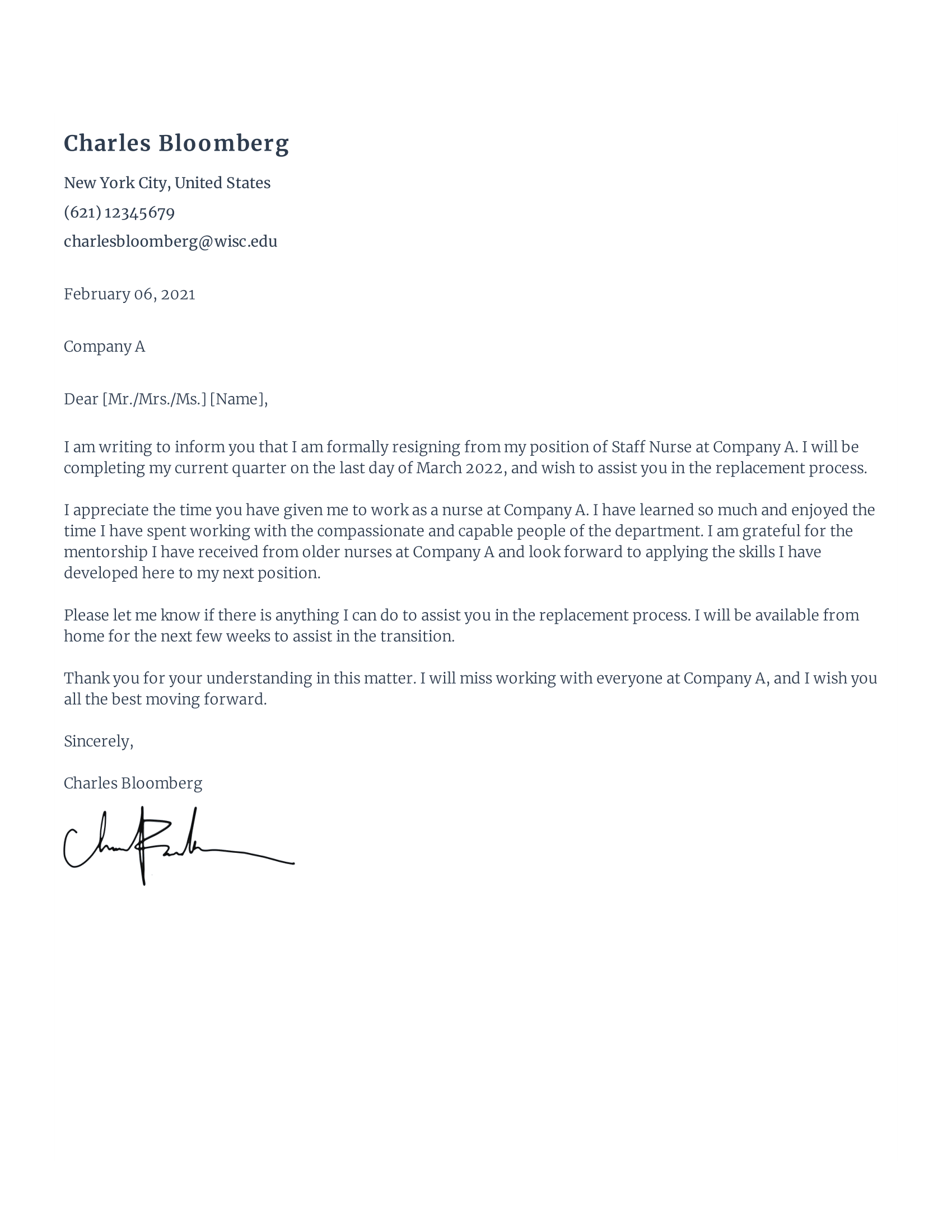 Nursing Resignation Letter Template Sample Nursing Resignation Letter Template Sample