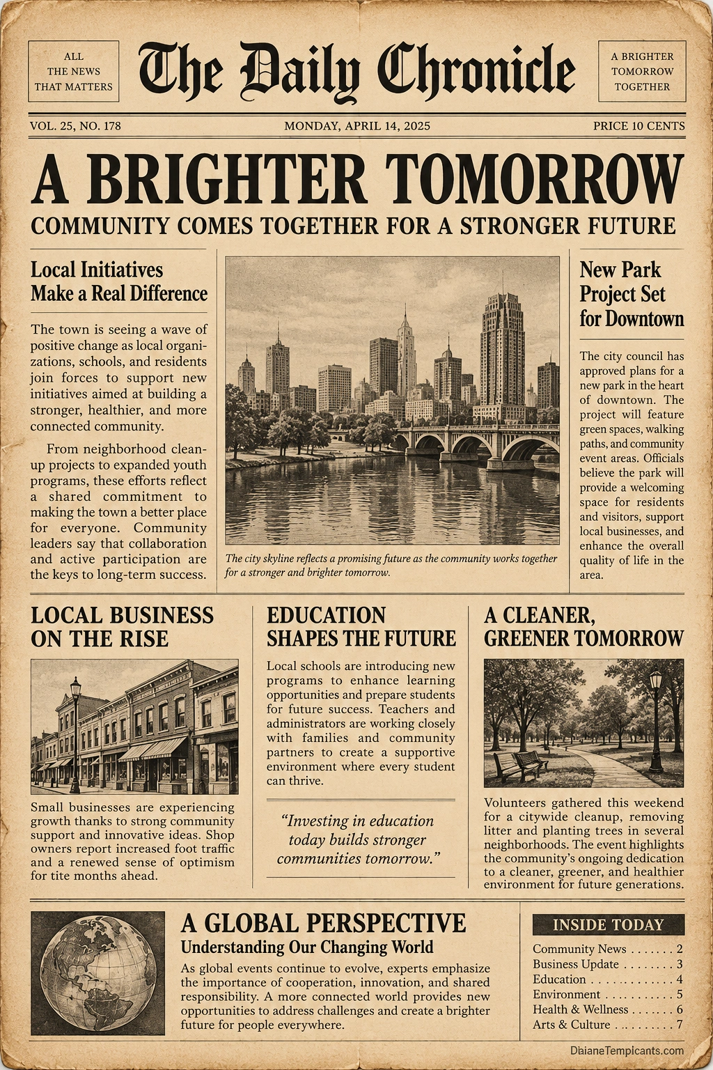 Old Newspaper Template Vintage old newspaper template with aged paper texture, bold classic headline, traditional serif typography, organized news columns, historical-style illustrations, and a newspaper front-page layout