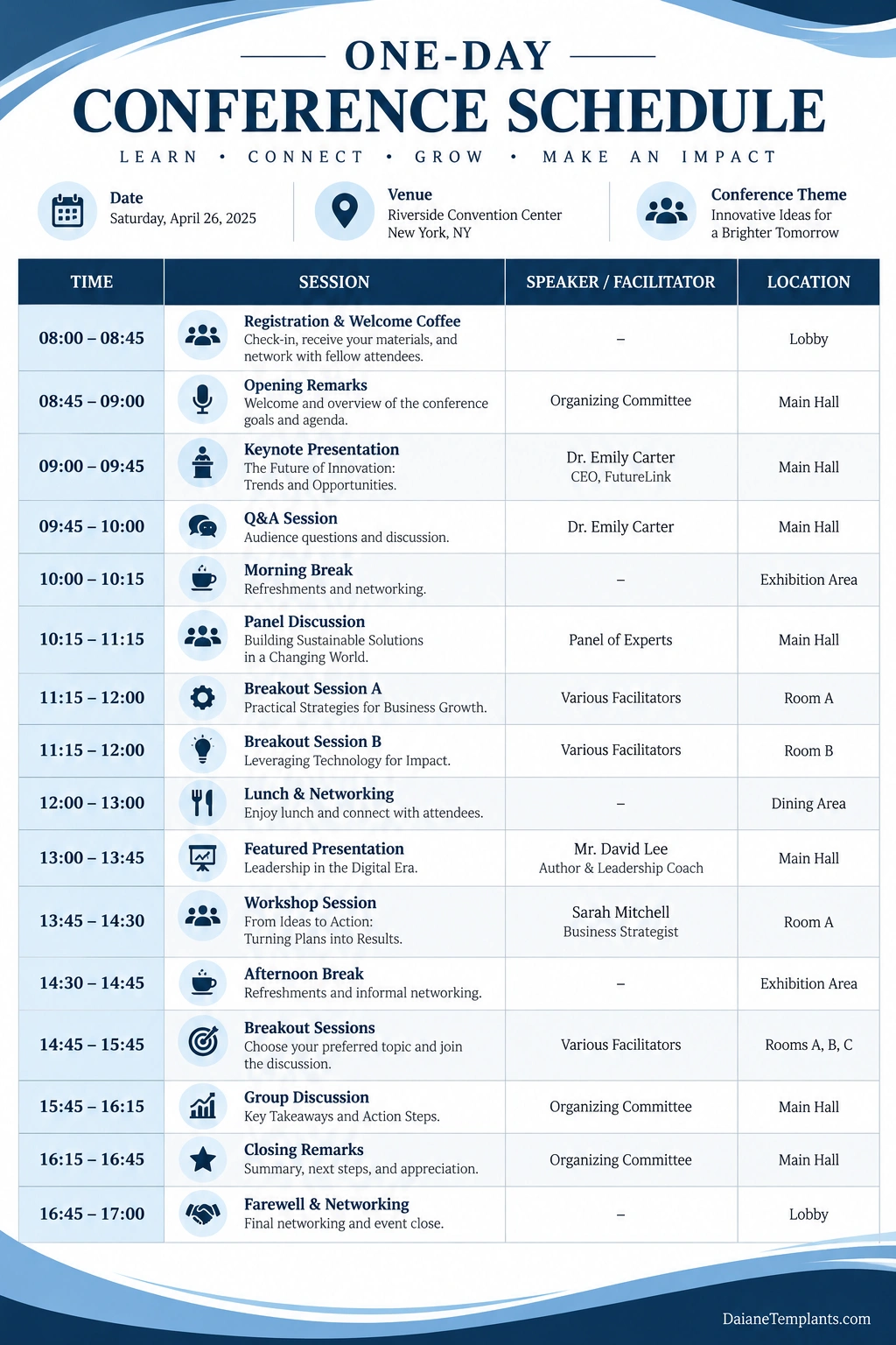 Printable one-day conference schedule template with time slots for registration, opening remarks, keynote presentations, breakout sessions, lunch, networking, and closing remarks