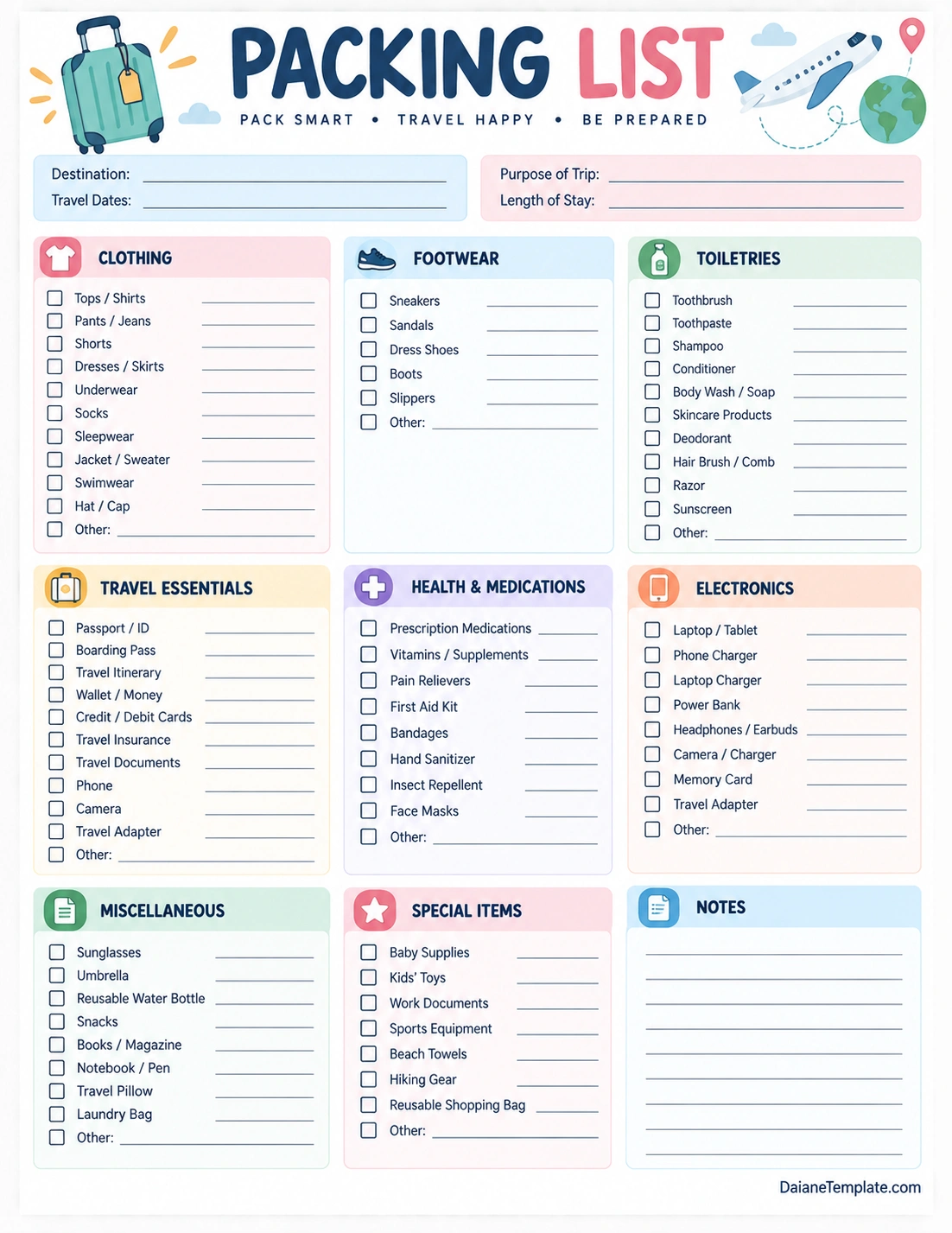 Packing List Template Printable packing list template with clothing, toiletries, travel essentials, electronics, health items, and special travel items