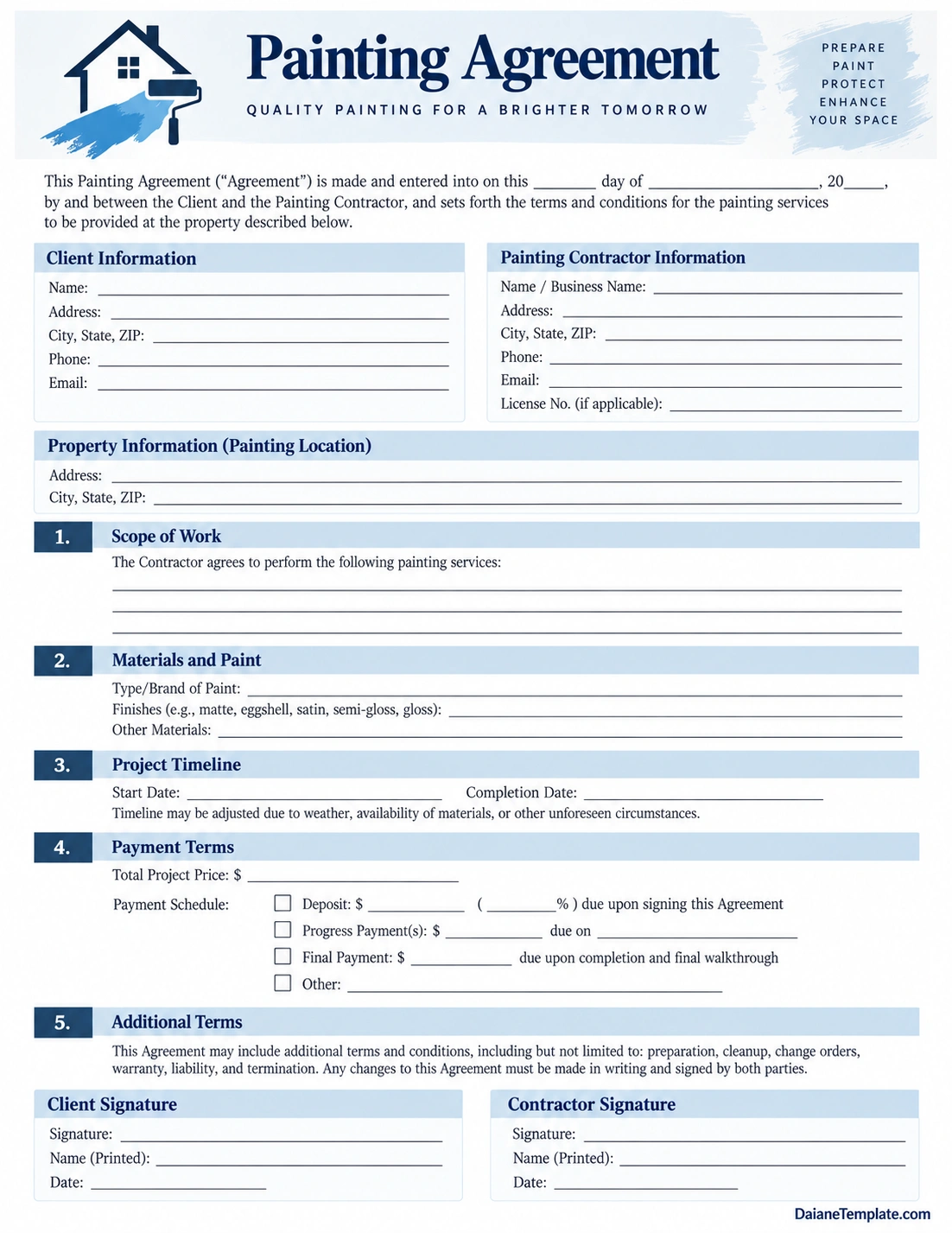 Painting Agreement Template Painting Agreement Template with scope of work, materials, project timeline, payment terms, and signatures