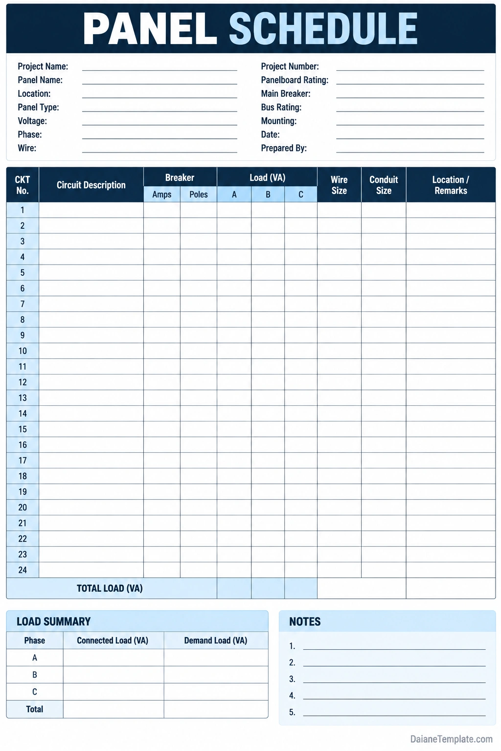 Panel Schedule Template Printable electrical panel schedule template with project details, panel ratings, a 24-circuit directory, breaker amperage and pole columns, phase load fields, wire and conduit sizes, load summary, and notes