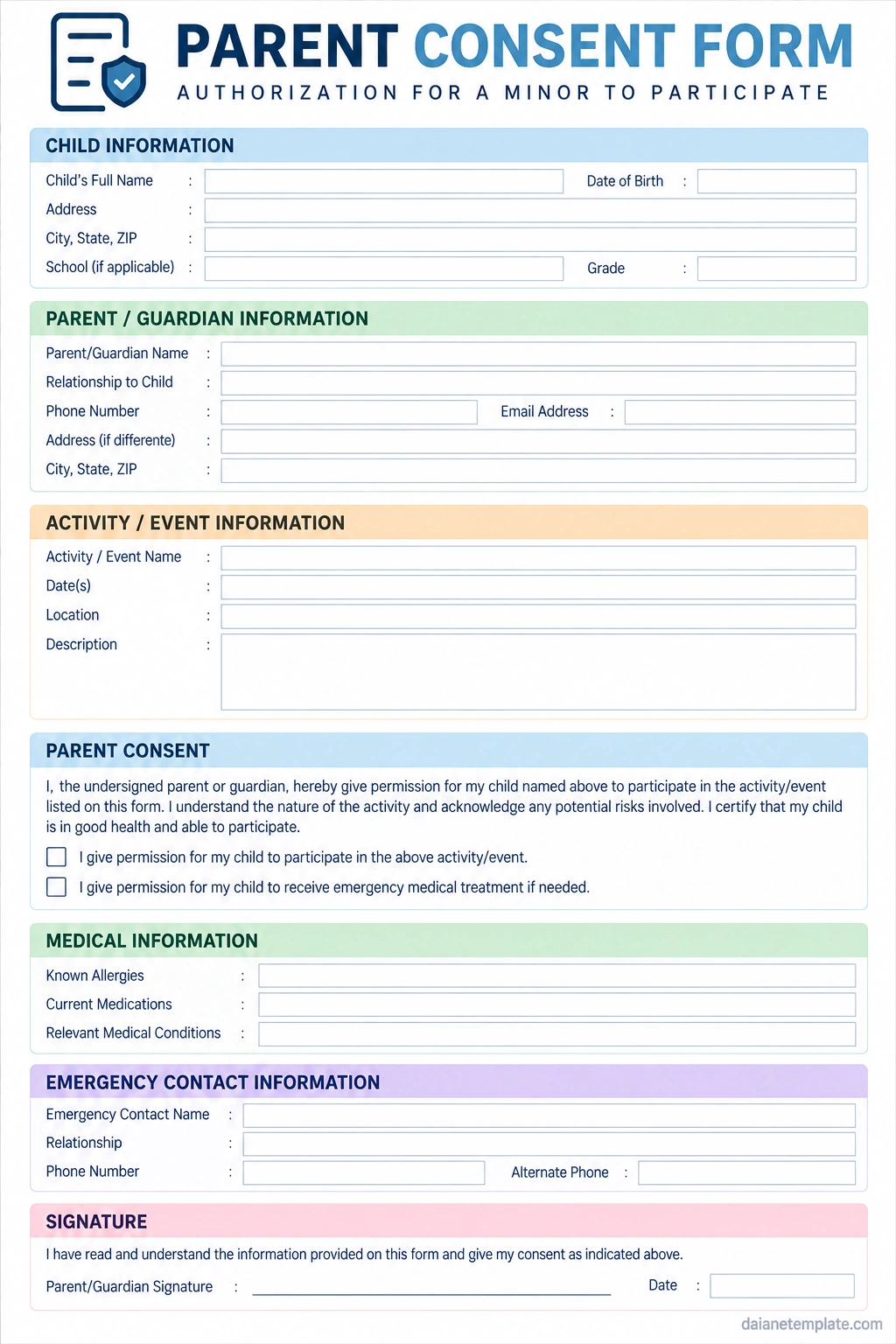 Parent Consent Form Printable parent consent form template with child information, parent authorization, emergency contact, activity details, and signature fields