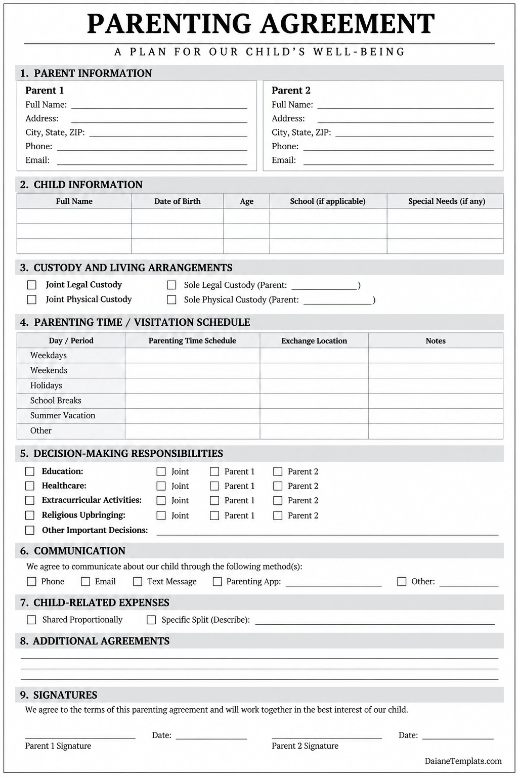 Printable parenting agreement template covering parent and child information, custody arrangements, parenting time, decision-making responsibilities, communication, expenses, and signatures