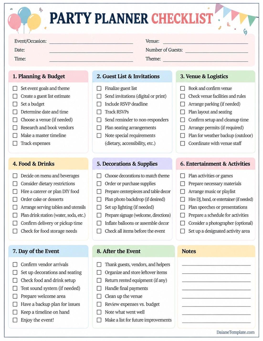Party planner checklist template with event details, budget, invitations, venue, food, decorations, entertainment, and event-day tasks