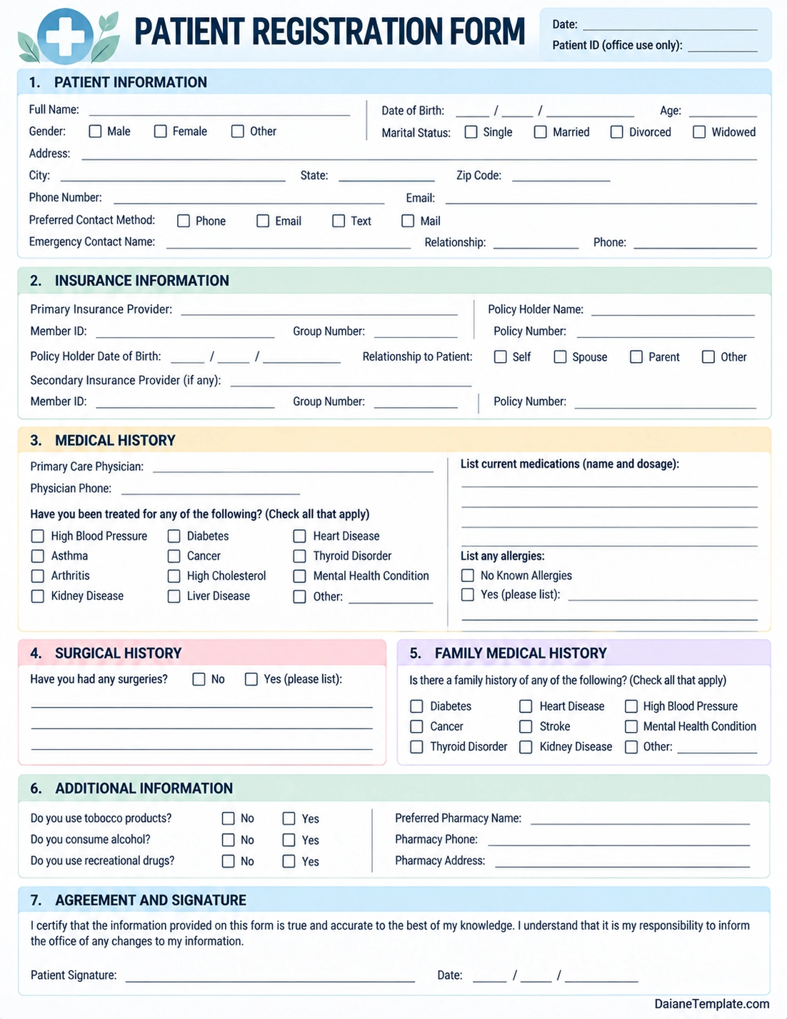 Printable patient registration form template with personal information, insurance details, medical history, pharmacy information, and signature fields