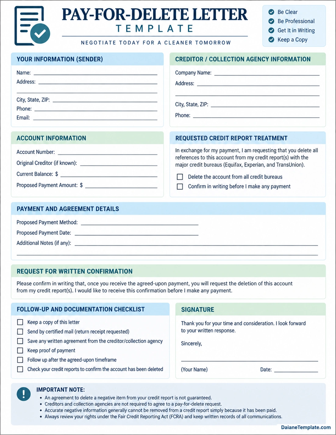Pay-for-Delete Letter Template Pay-for-Delete Letter Template for negotiating a collection account and requesting written confirmation