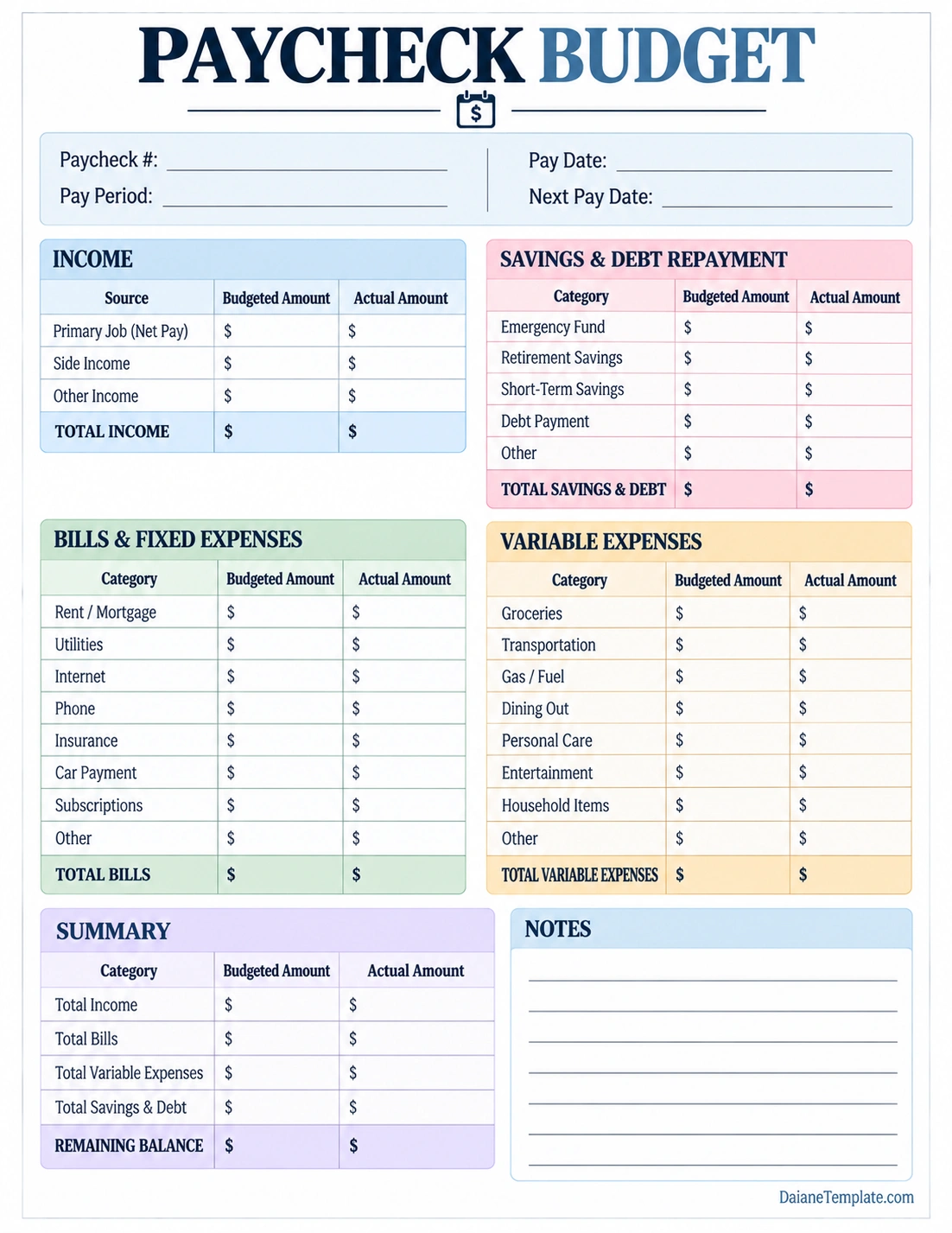 Paycheck Budget Template Paycheck Budget Template with income, bills, savings, debt repayment, variable expenses, and remaining balance sections