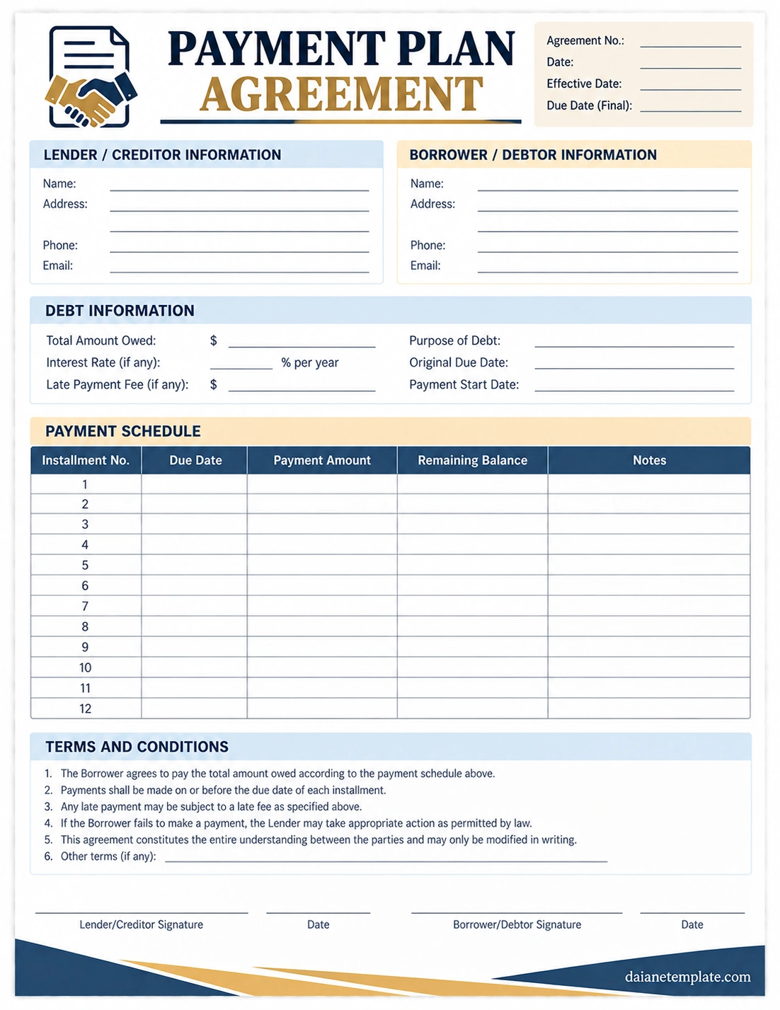 Payment Plan Agreement Template with creditor and debtor information, debt amount, interest rate, payment schedule, terms, and signatures
