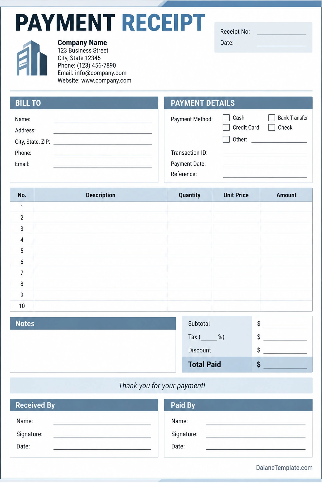 Printable payment receipt template with business and customer details, receipt number, payment method, itemized transaction table, total paid, notes, and signature fields
