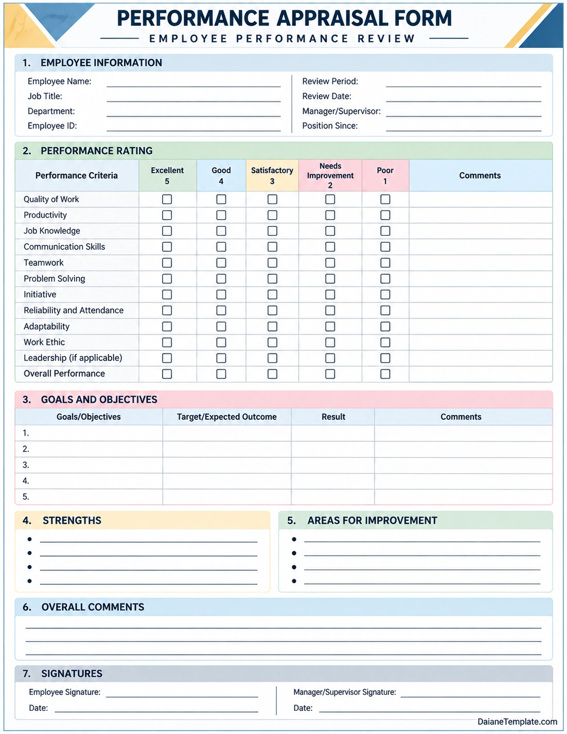 Performance Appraisal Form Printable performance appraisal form template with employee information, performance ratings, goals, strengths, improvement areas, comments, and signatures