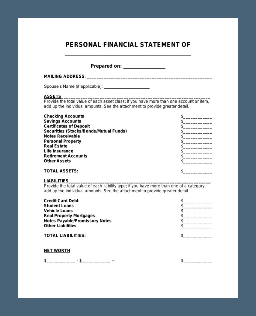 Personal Financial Statement Template Example Personal Financial Statement Template Example