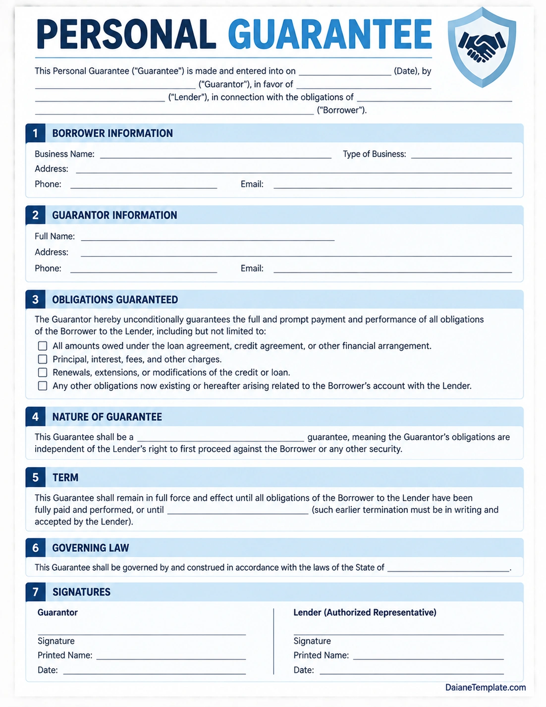 Printable personal guarantee template with borrower, guarantor, lender, obligations, terms, governing law, and signature sections