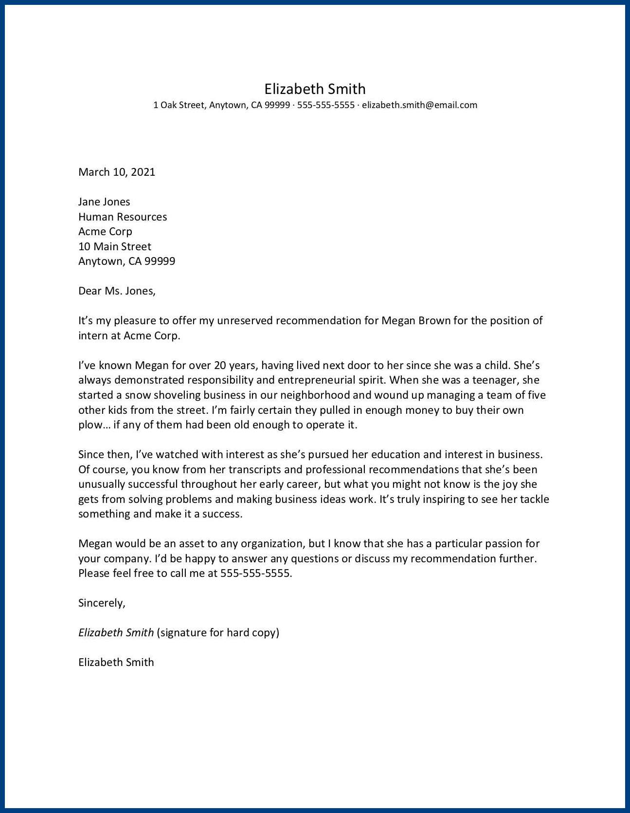 Personal Letter of Recommendation Template Sample Personal Letter of Recommendation Template Sample