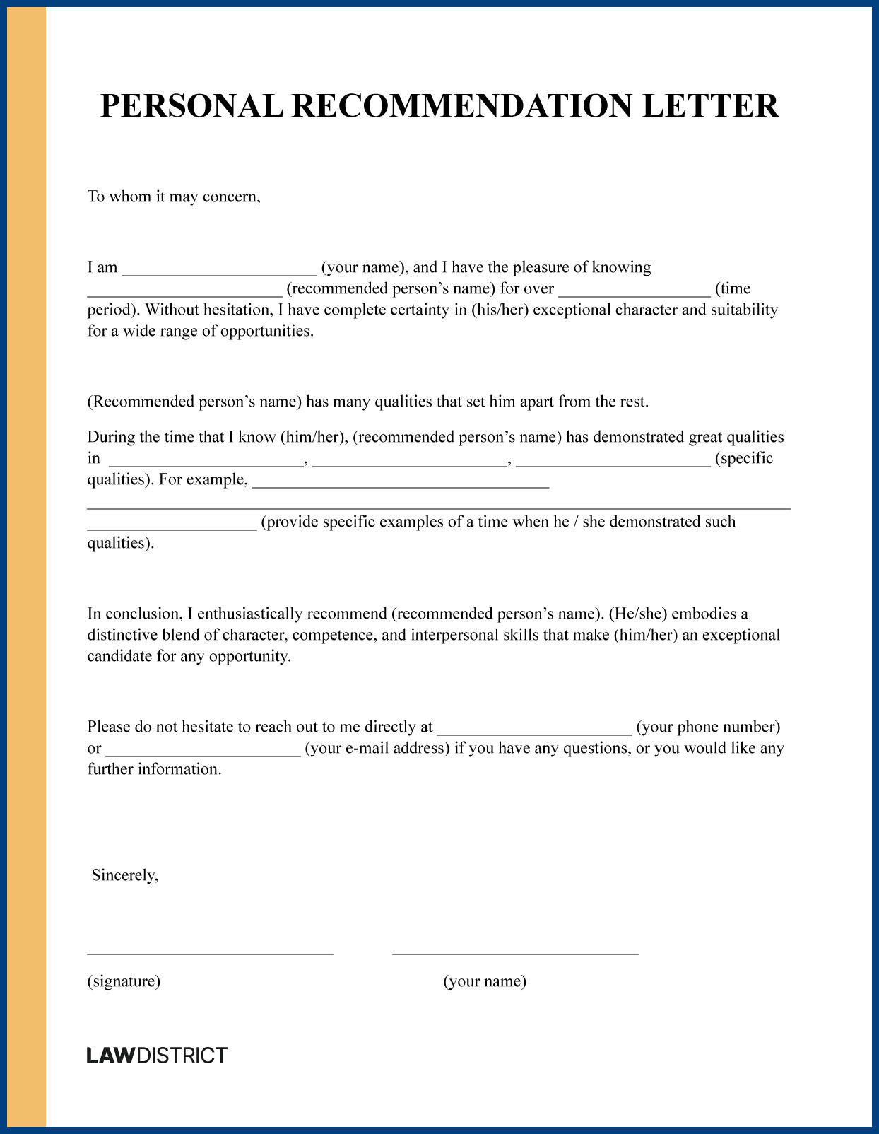 Personal Letter of Recommendation Template Personal Letter of Recommendation Template