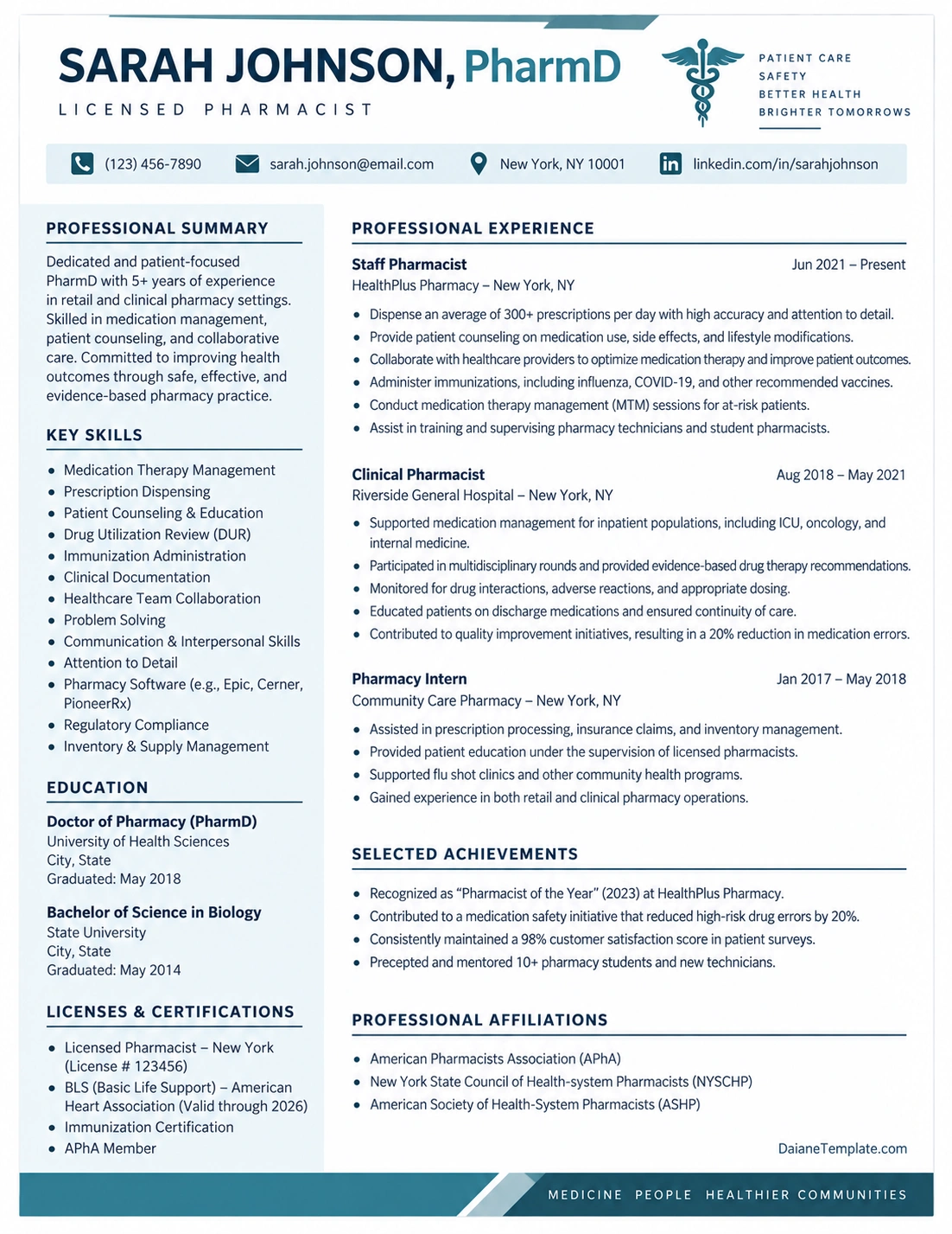 pharmacist resume template with professional summary, pharmacy skills, work experience, education, licenses, certifications, achievements, and professional affiliations