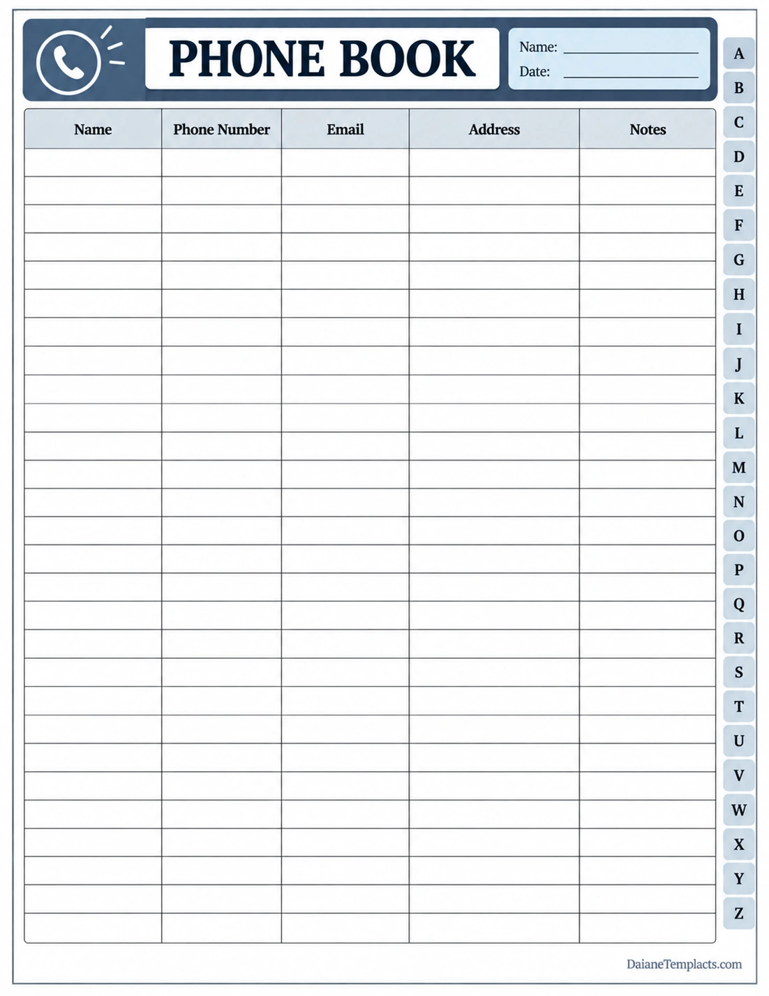Phone Book Template Printable phone book template with alphabetical tabs and columns for names, phone numbers, email addresses, mailing addresses, and notes
