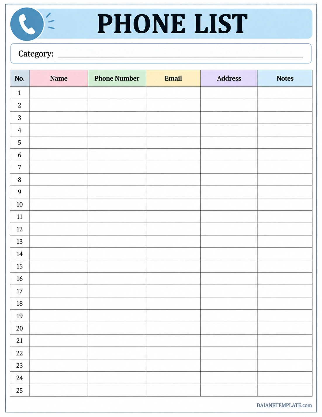 Phone List Template Printable phone list template with columns for names, phone numbers, email addresses, mailing addresses, and notes