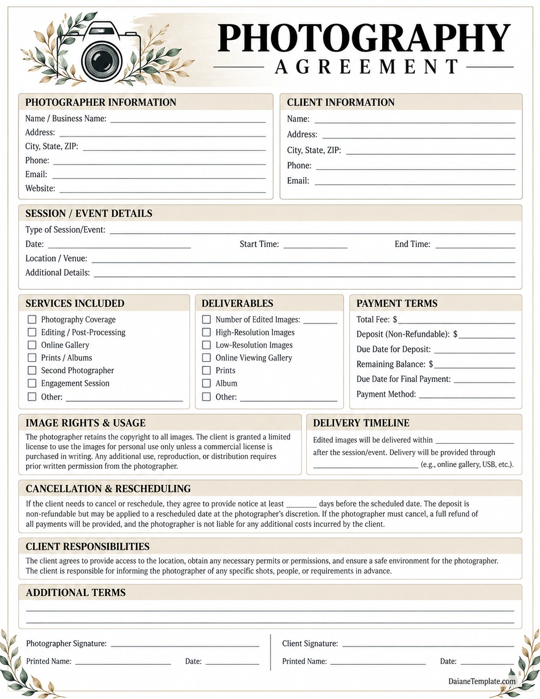 Photography Agreement Template Photography Agreement Template with sections for photographer and client details, services, payment terms, image rights, cancellation, and signatures