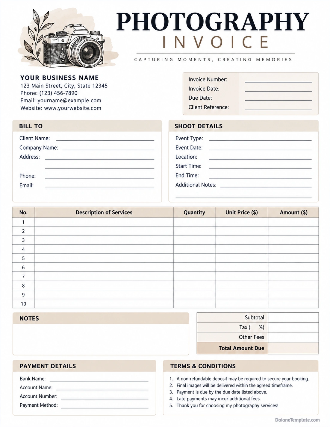 Photography Invoice Template Photography invoice template with client details, shoot information, itemized photography services, payment details, and total amount due