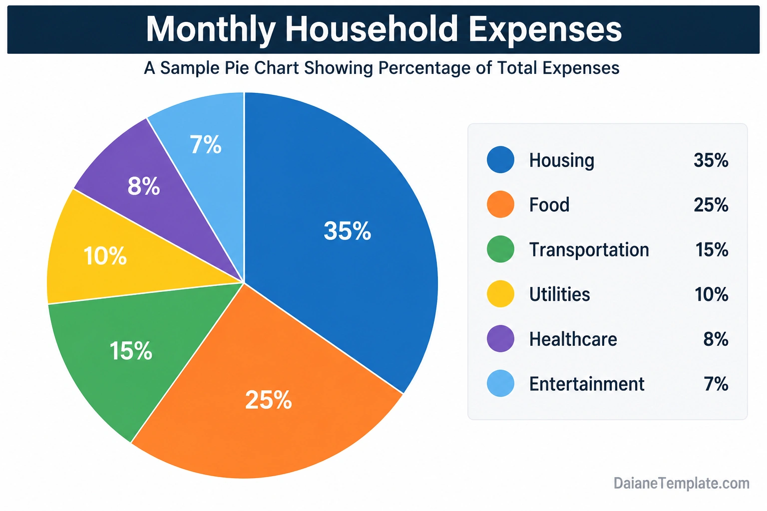 Pie Chart Template Sample pie chart showing monthly household expenses divided into housing at 35%, food at 25%, transportation at 15%, utilities at 10%, healthcare at 8%, and entertainment at 7%, with a matching color-coded legend