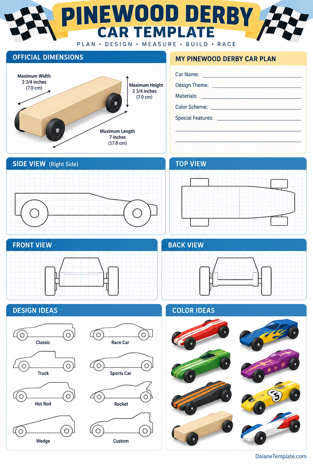 Pinewood Derby Car Template Printable Pinewood Derby car template with dimensions, car planning fields, design views, and color ideas